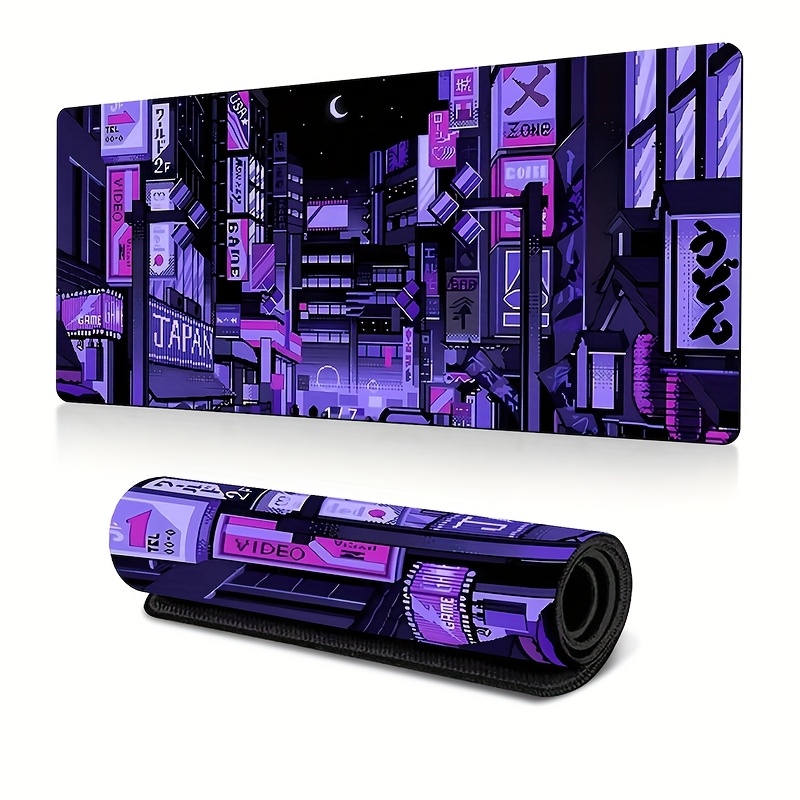 Retro Gaming Desk Setup - XXL Tokyo Street bureaumat, levendige paarse
